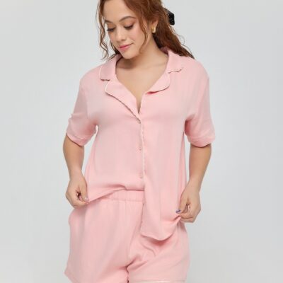 Pijama prints rosada con ribetes beige