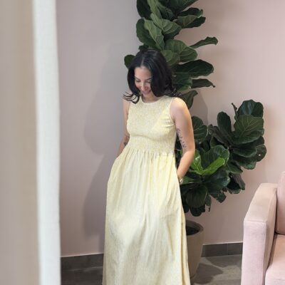 Vestido Nido de Abeja Amarillo Combinado con Bolsillos
